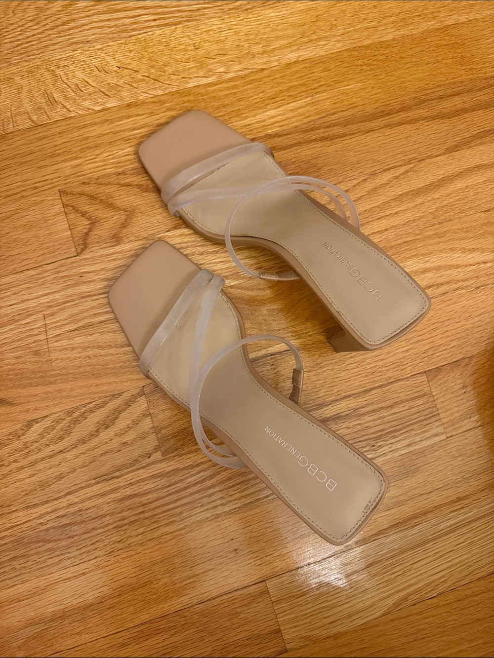 BCBGeneration Nude Clear-Strap Square Toe Block Heels